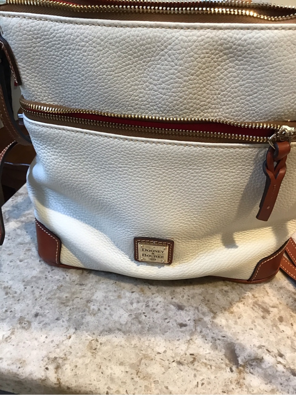 Dooney & Bourke White Pebbled Leather Crossbody with Brown Trim
